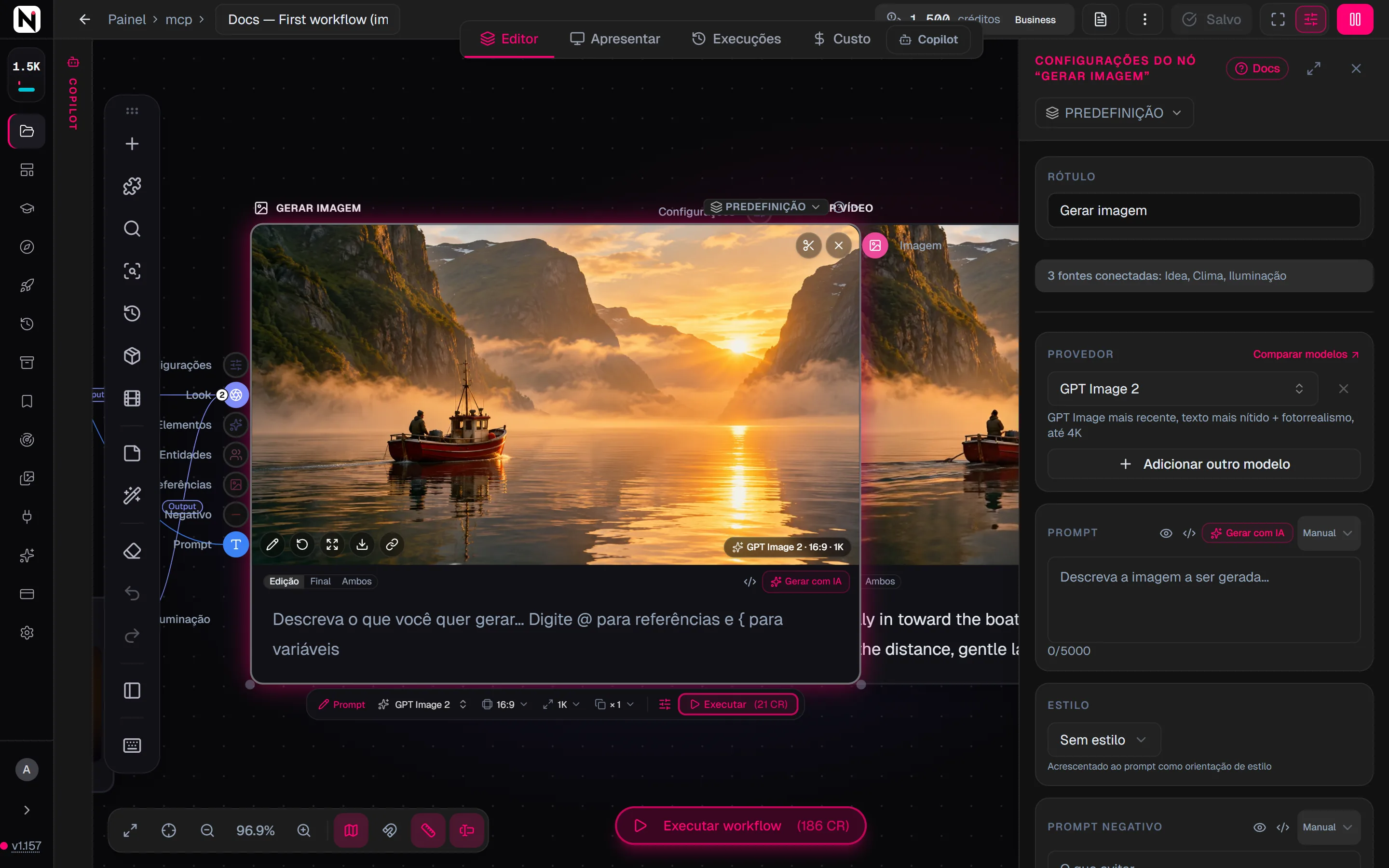 O painel de configurações do nó Gerar imagem, com o menu Predefinição, o campo Rótulo, o Provedor definido como GPT Image 2, o Prompt e o Estilo.
