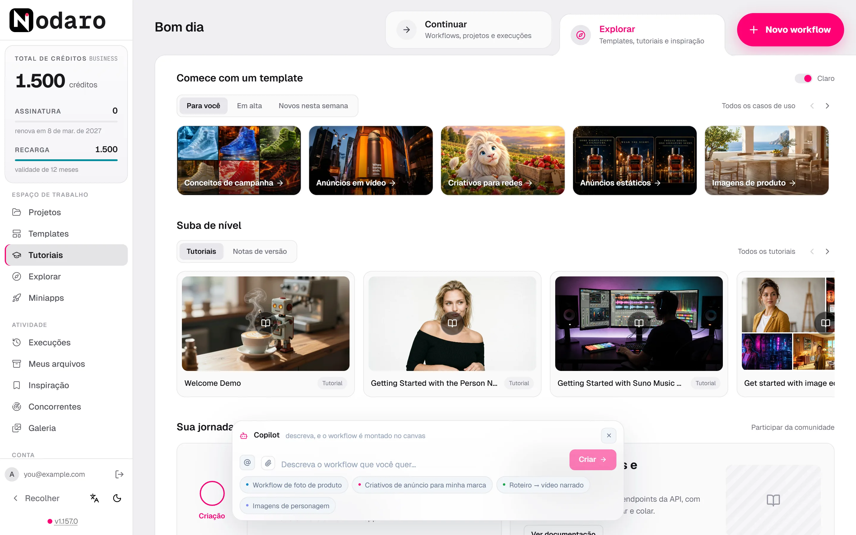 A aba Explorar da página inicial, com a linha Comece com um template, de casos de uso, e a linha Suba de nível, de cards de tutorial.