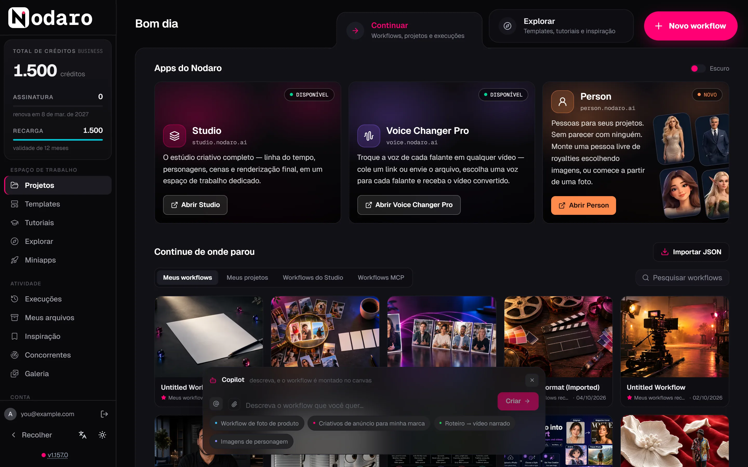 A página inicial do Nodaro, com as abas Continuar e Explorar, o botão Novo workflow, seus workflows recentes e a caixa do Copilot.