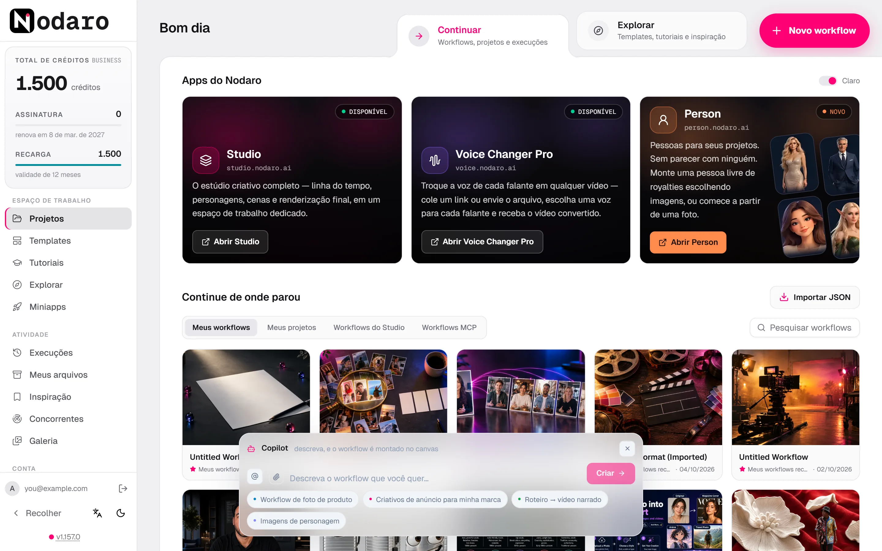A página inicial do Nodaro, com as abas Continuar e Explorar, o botão Novo workflow, seus workflows recentes e a caixa do Copilot.