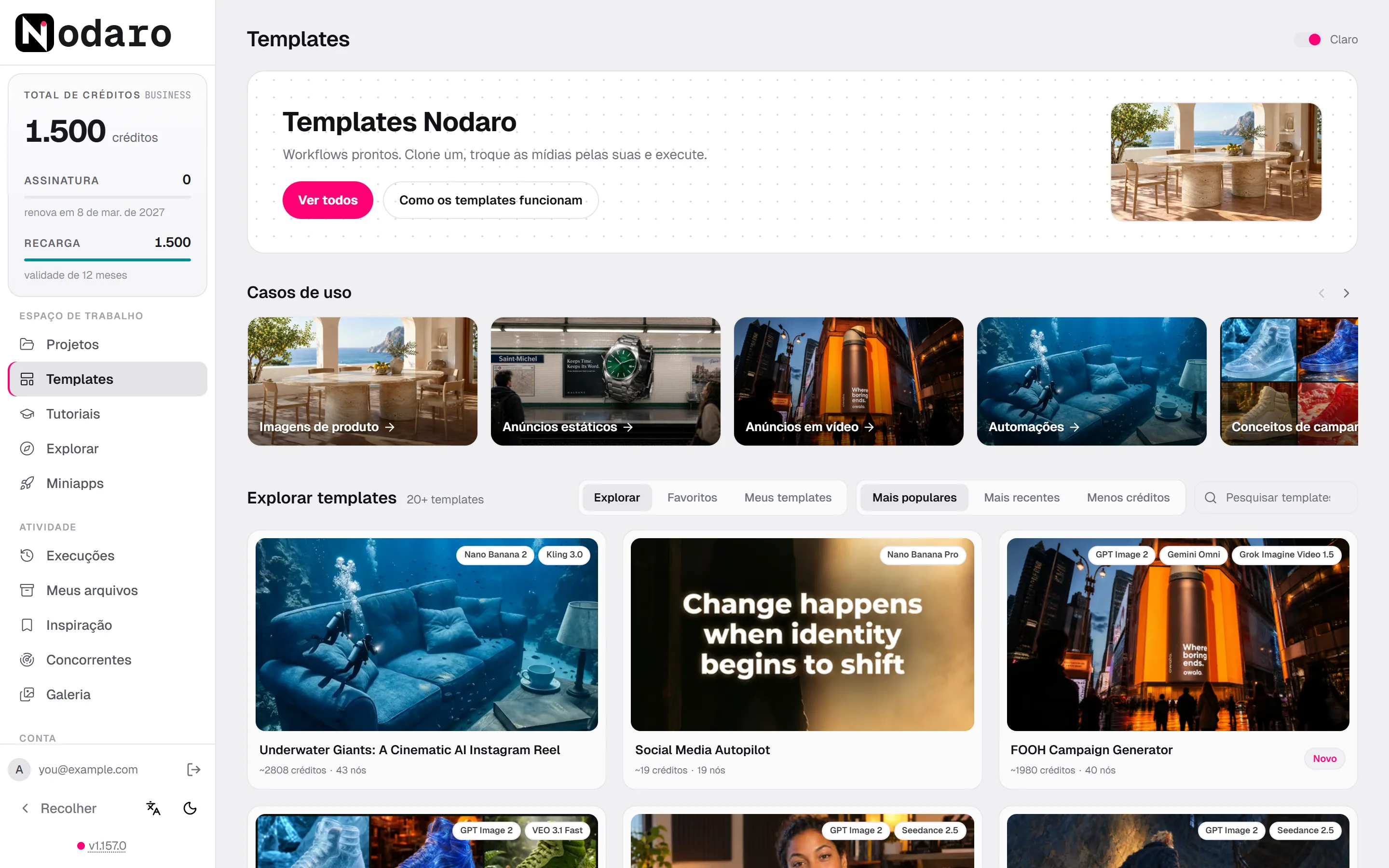 A página Templates, com a linha de casos de uso e cards de templates que mostram os modelos, os créditos estimados e o número de nós de cada um.