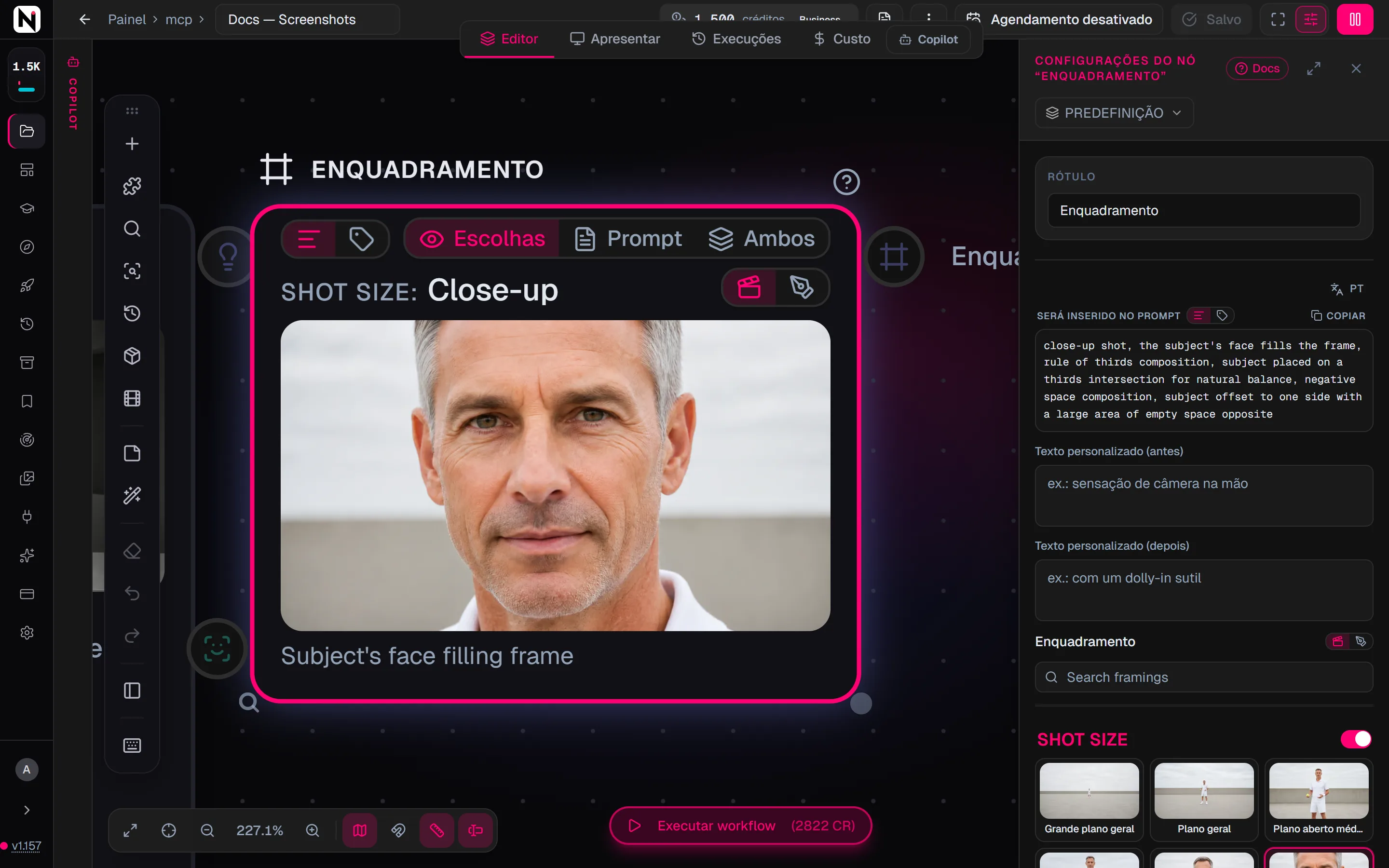 O seletor Enquadramento no painel de configurações, com Shot Size em Primeiro plano e duas opções de Composition escolhidas.