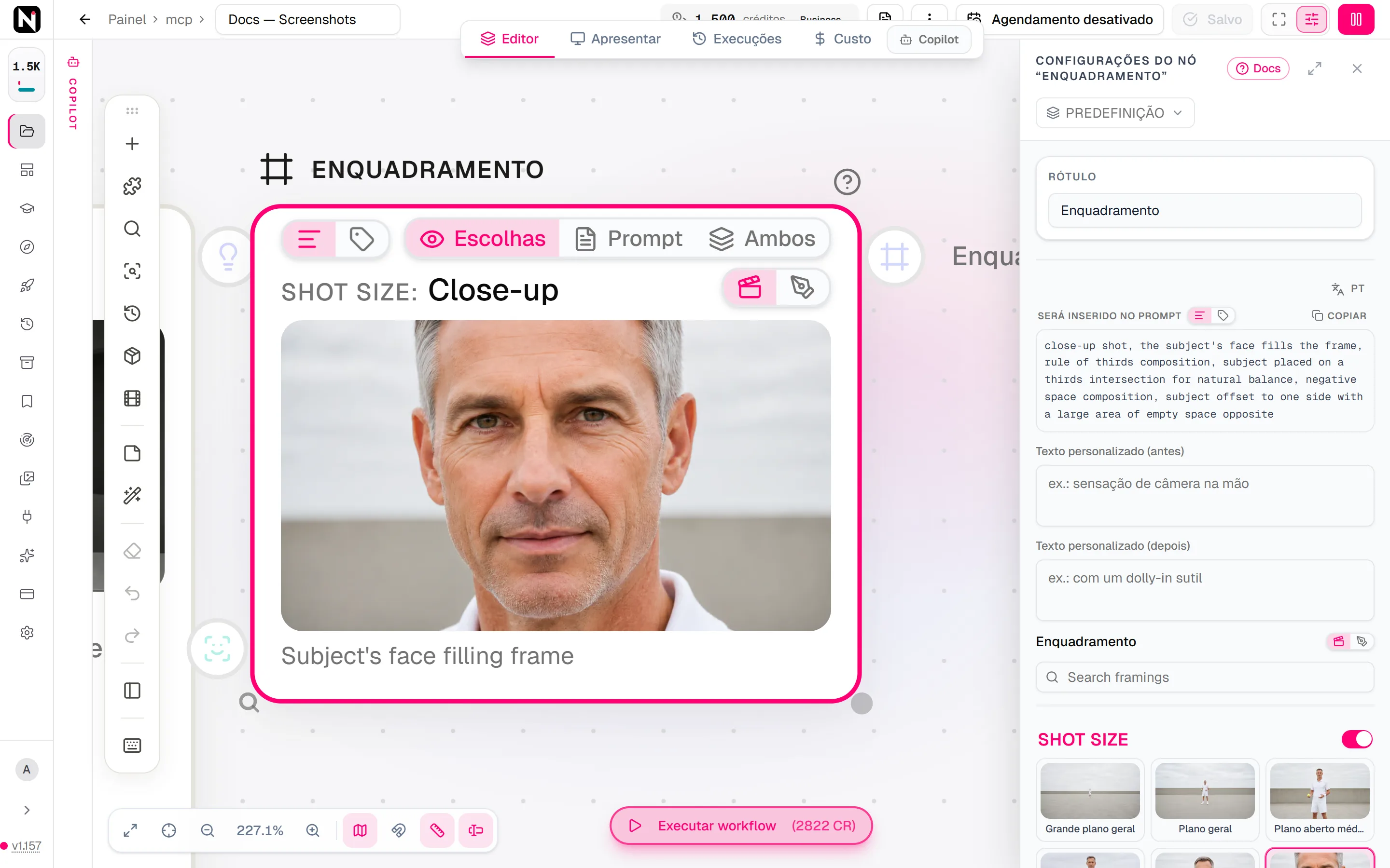 O seletor Enquadramento no painel de configurações, com Shot Size em Primeiro plano e duas opções de Composition escolhidas.