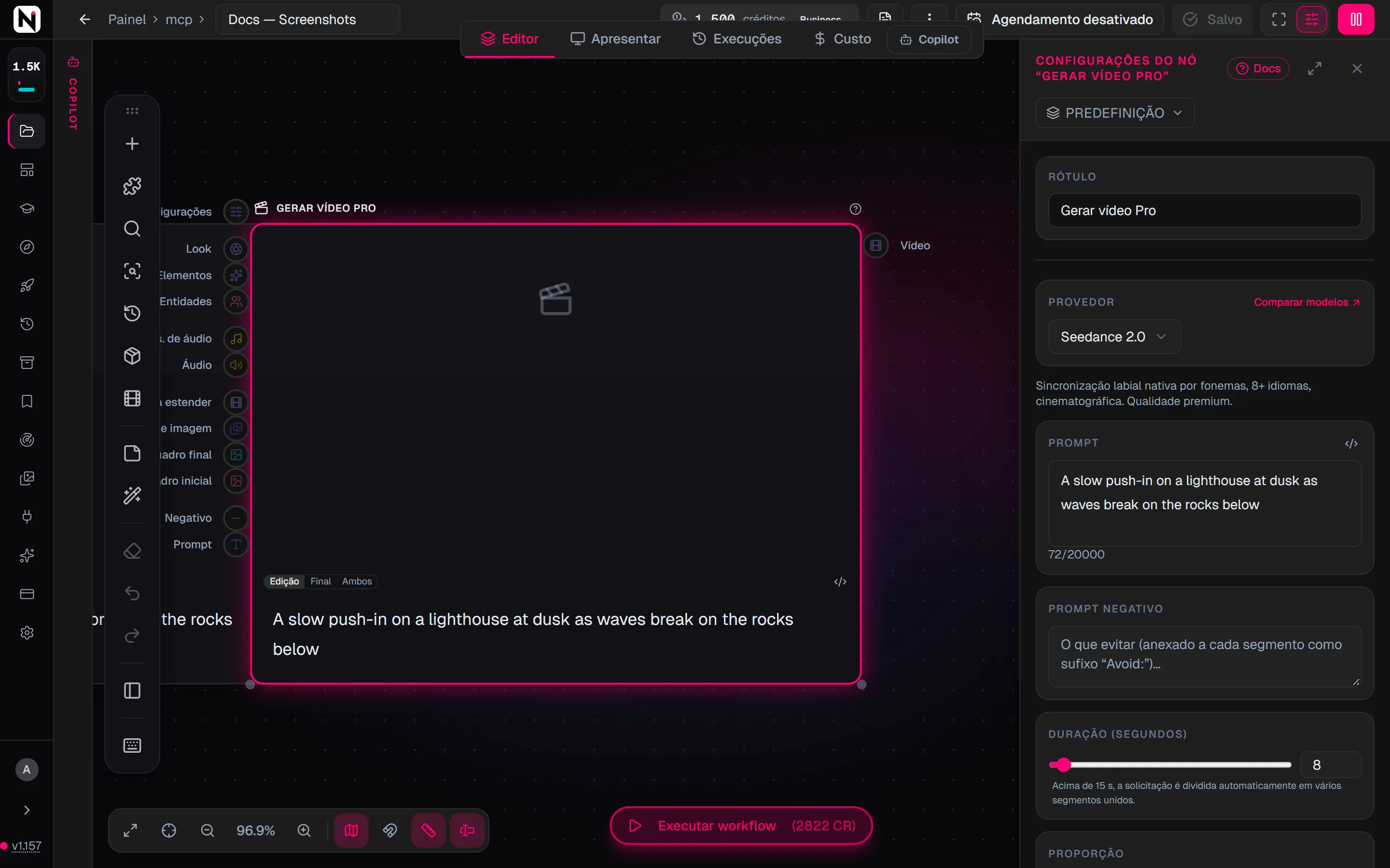 O painel de configurações do Gerar vídeo Pro com o Seedance 2.0 selecionado, o prompt, o prompt negativo e o controle deslizante de duração.