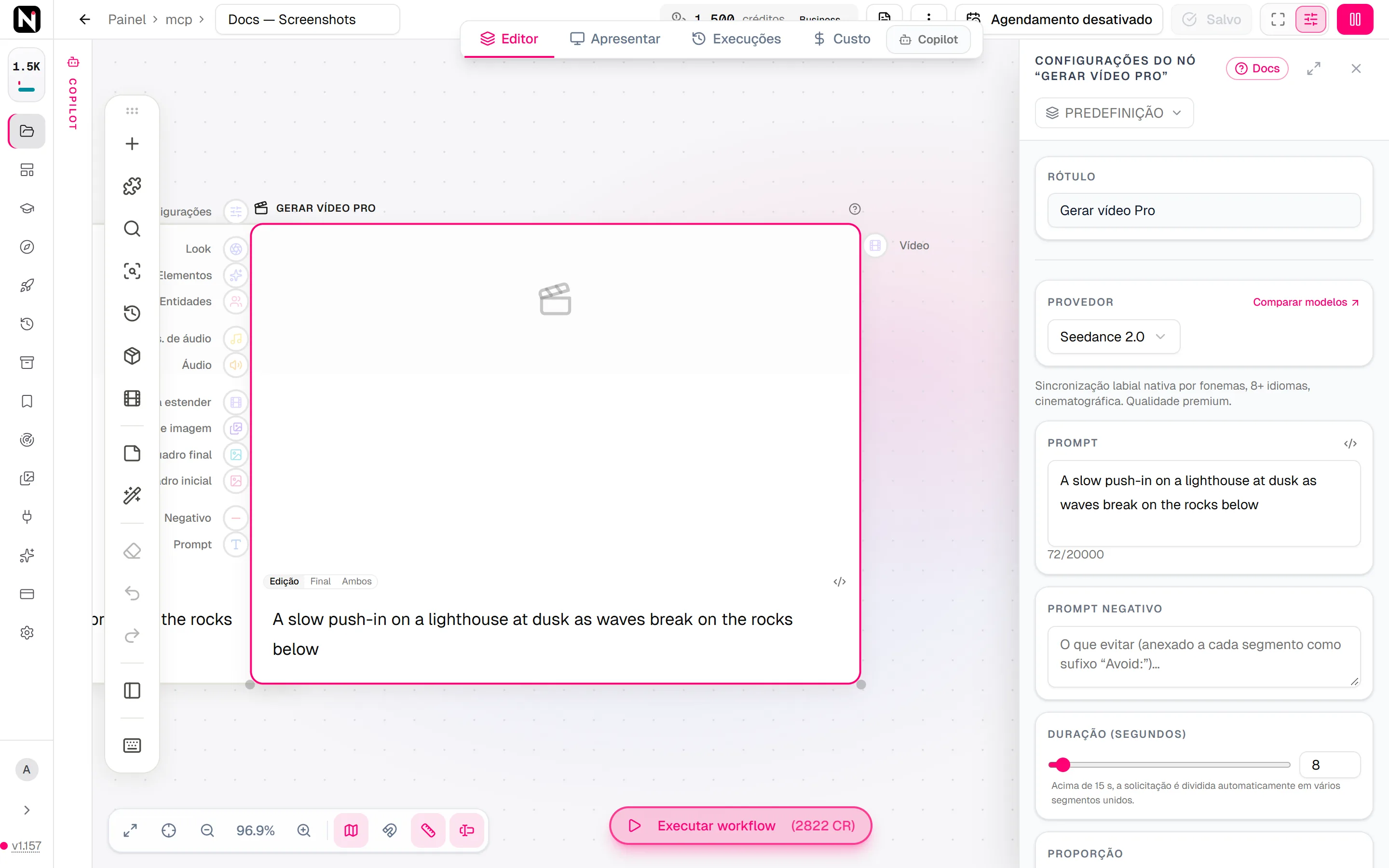 O painel de configurações do Gerar vídeo Pro com o Seedance 2.0 selecionado, o prompt, o prompt negativo e o controle deslizante de duração.