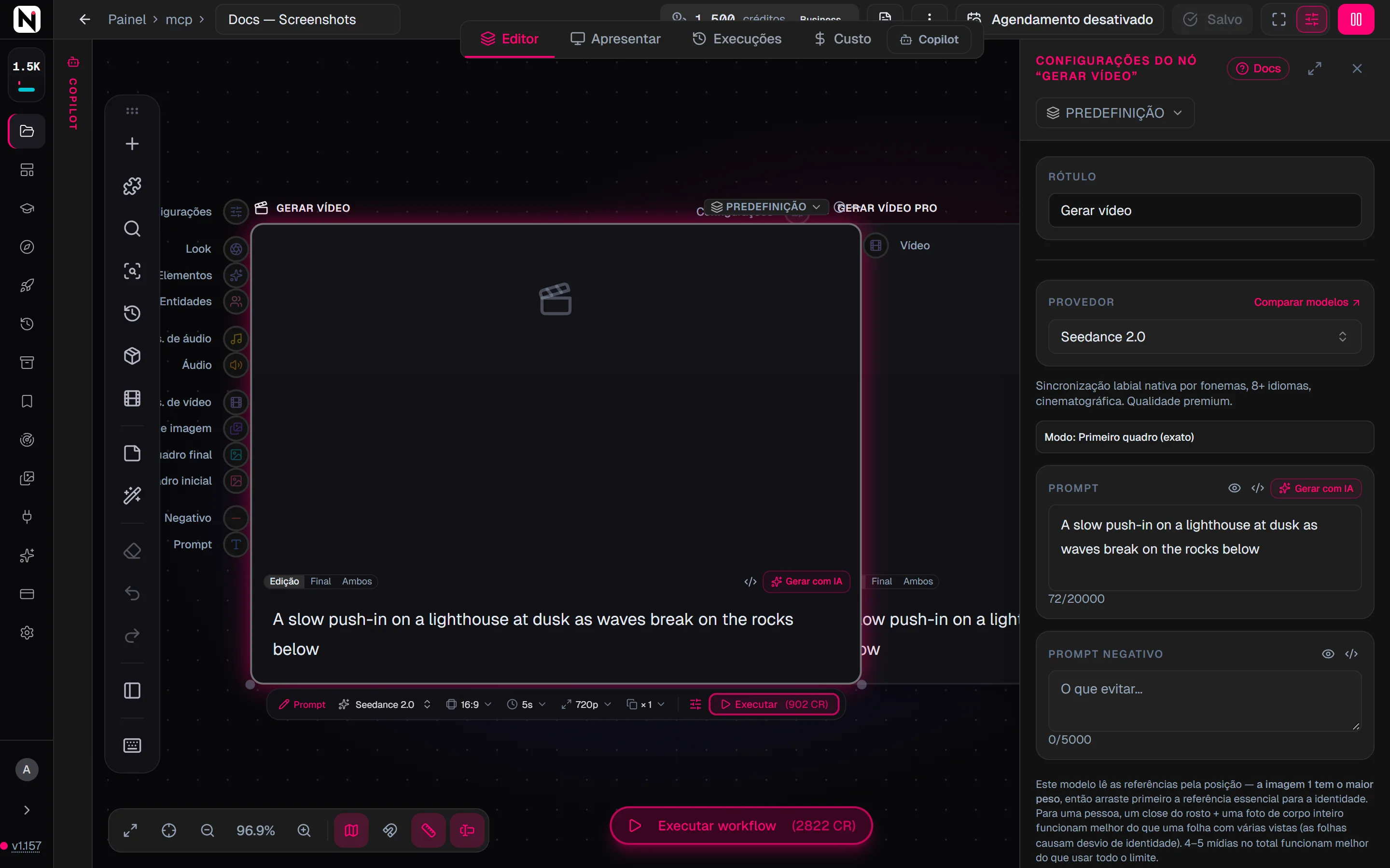 O painel de configurações do Gerar vídeo com o Seedance 2.0 selecionado, a nota de modo, o prompt e o prompt negativo.