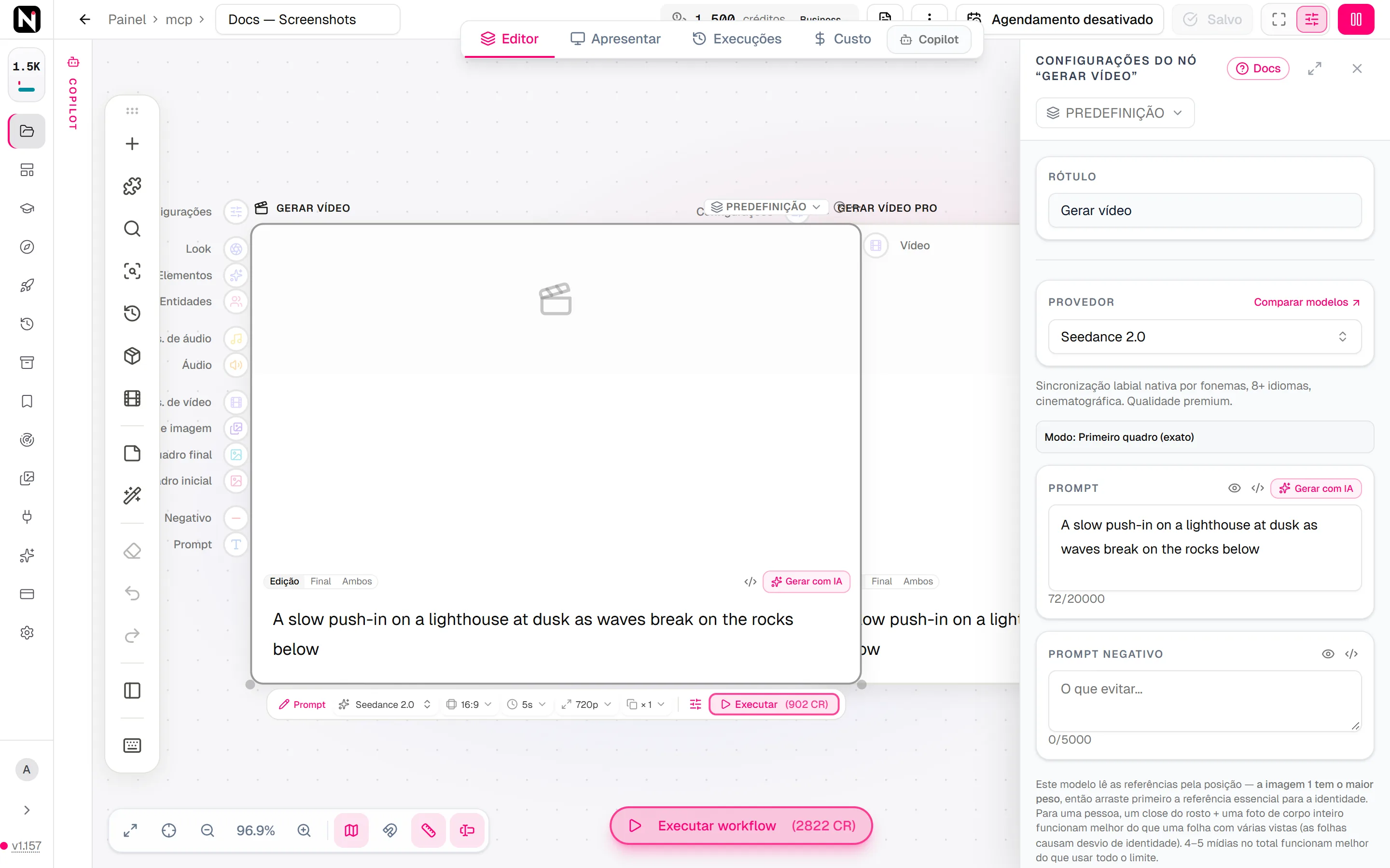 O painel de configurações do Gerar vídeo com o Seedance 2.0 selecionado, a nota de modo, o prompt e o prompt negativo.