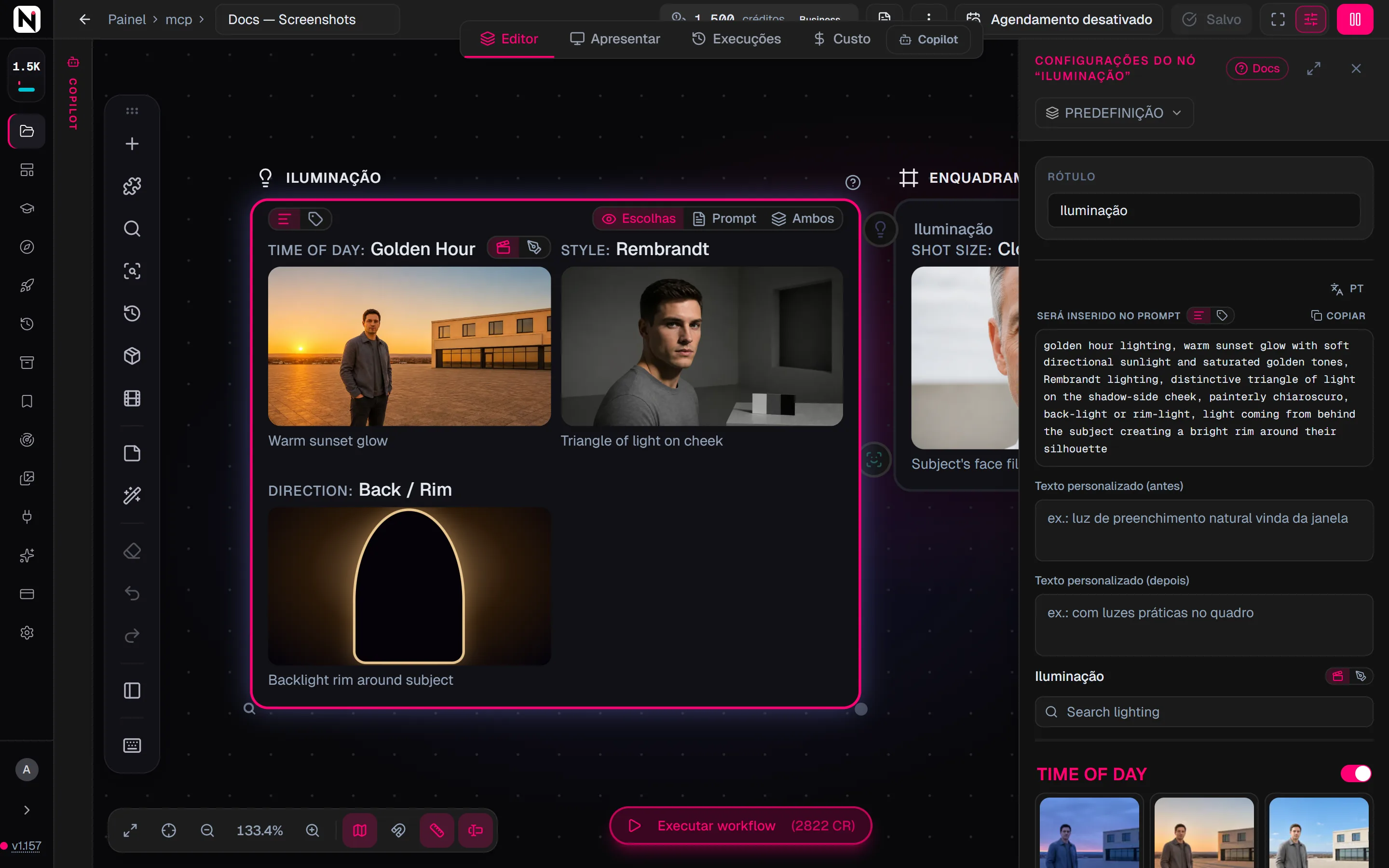 O painel de configurações do seletor Iluminação com as seções Time of Day, Style e Direction ativadas e uma opção escolhida em cada uma.