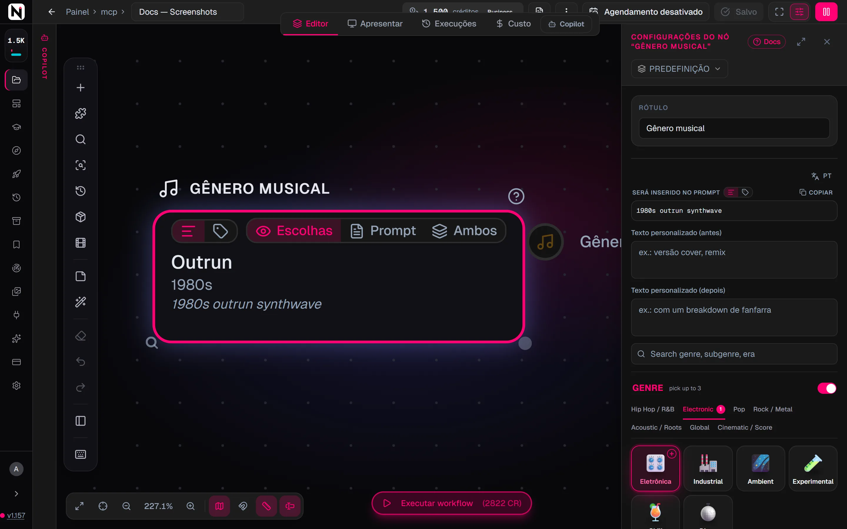 O painel de configurações do Gênero musical com a fileira de abas de gêneros, Eletrônica escolhida e o subgênero Outrun e a era Anos 1980 selecionados.