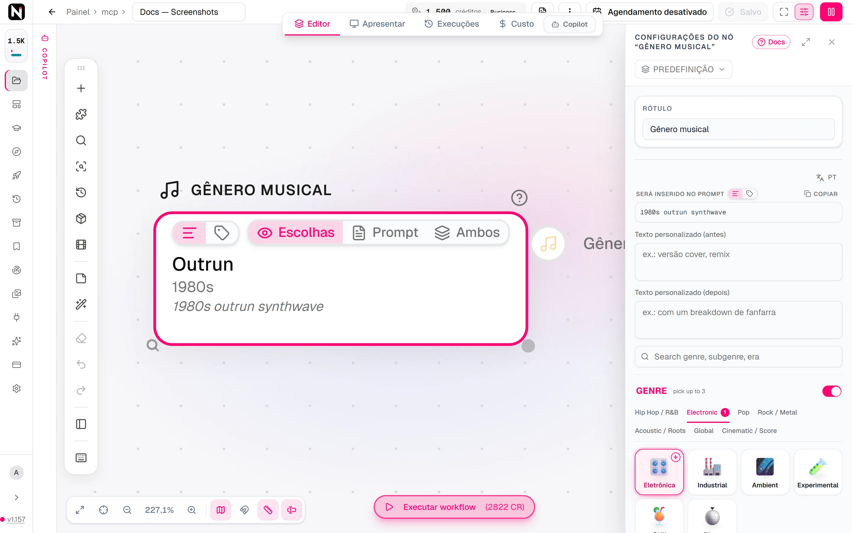 O painel de configurações do Gênero musical com a fileira de abas de gêneros, Eletrônica escolhida e o subgênero Outrun e a era Anos 1980 selecionados.