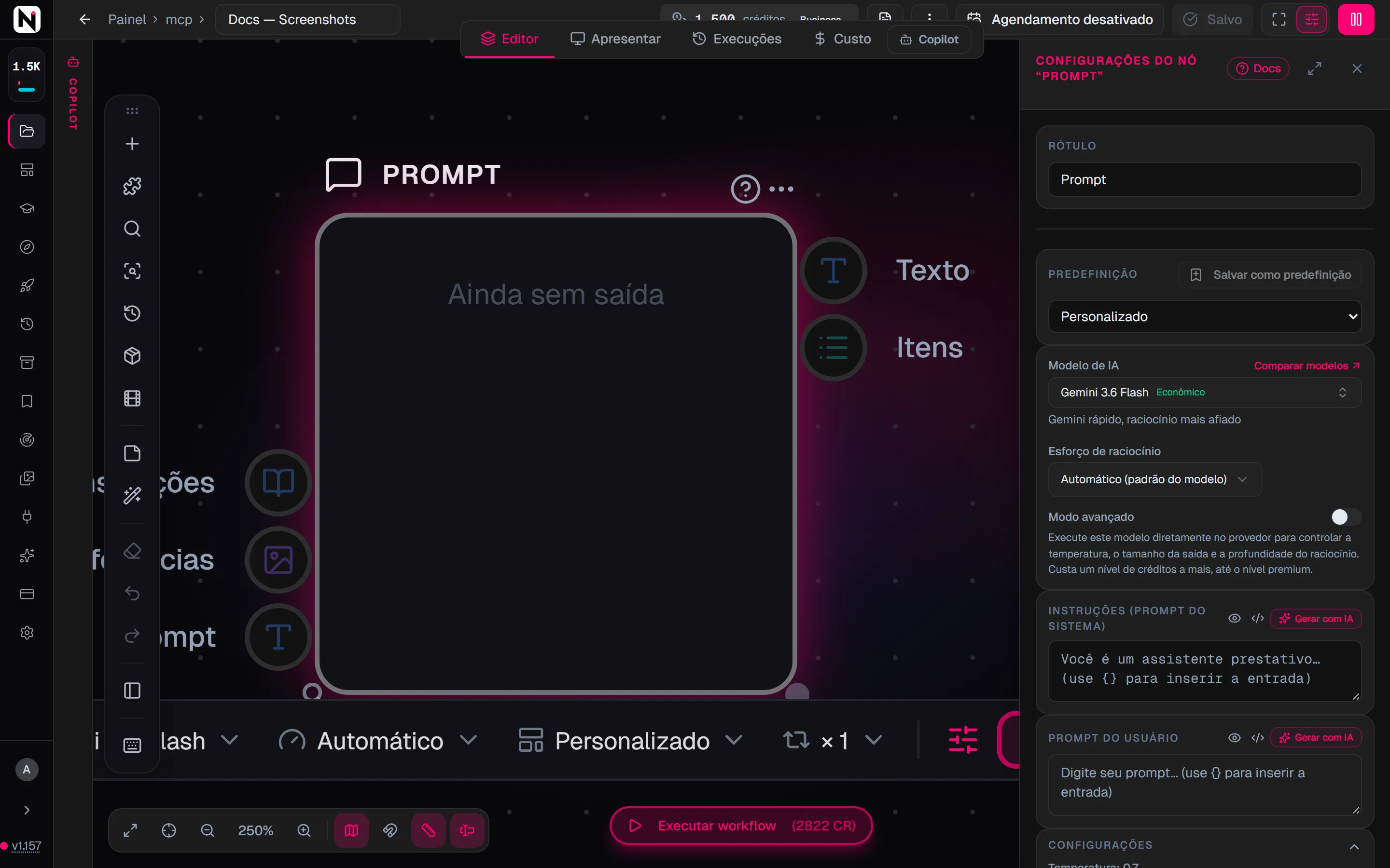 O painel de configurações do nó Prompt, com os controles Modelo de IA, Esforço de raciocínio e Modo avançado acima dos campos Instruções e Prompt do usuário.