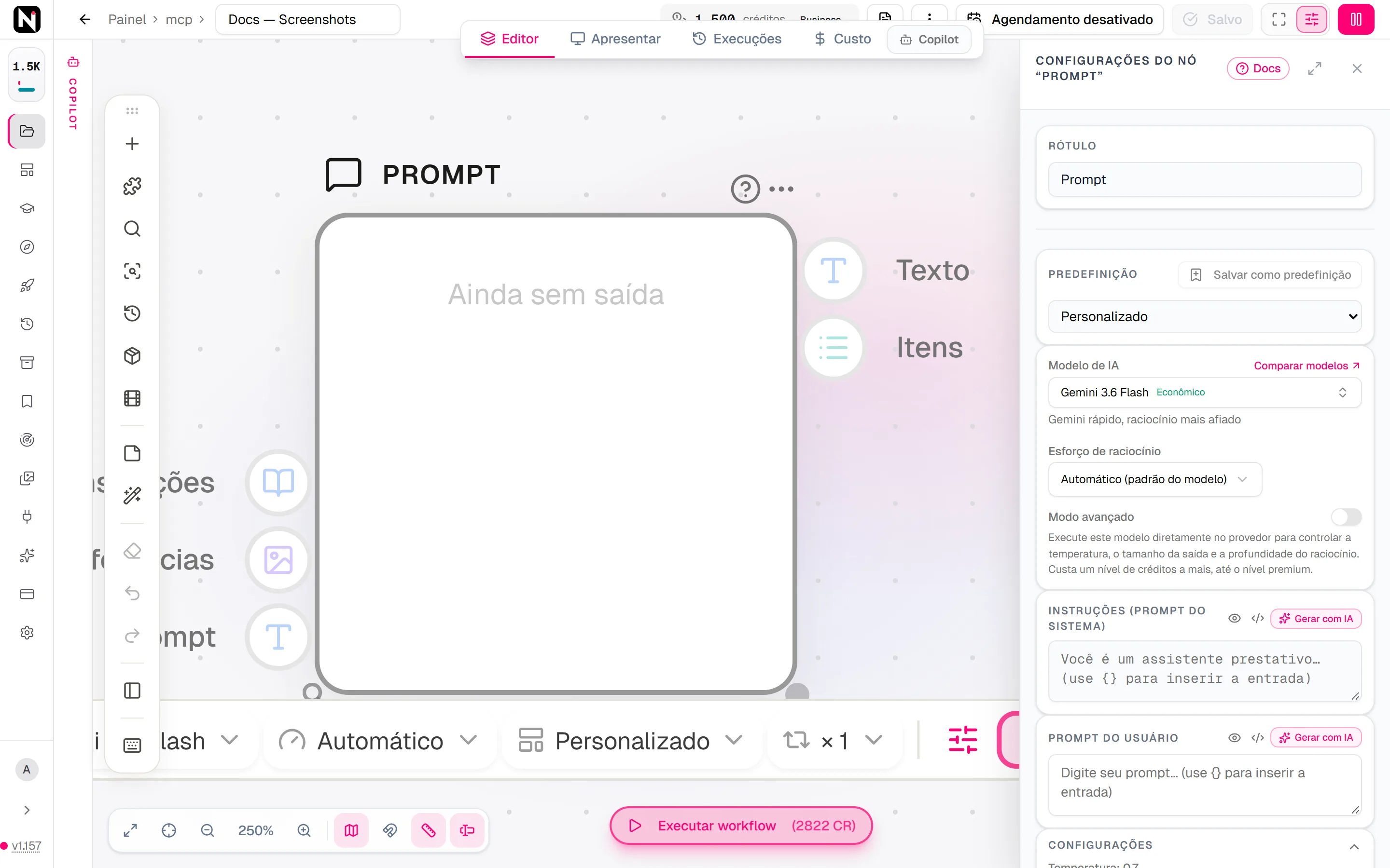 O painel de configurações do nó Prompt, com os controles Modelo de IA, Esforço de raciocínio e Modo avançado acima dos campos Instruções e Prompt do usuário.