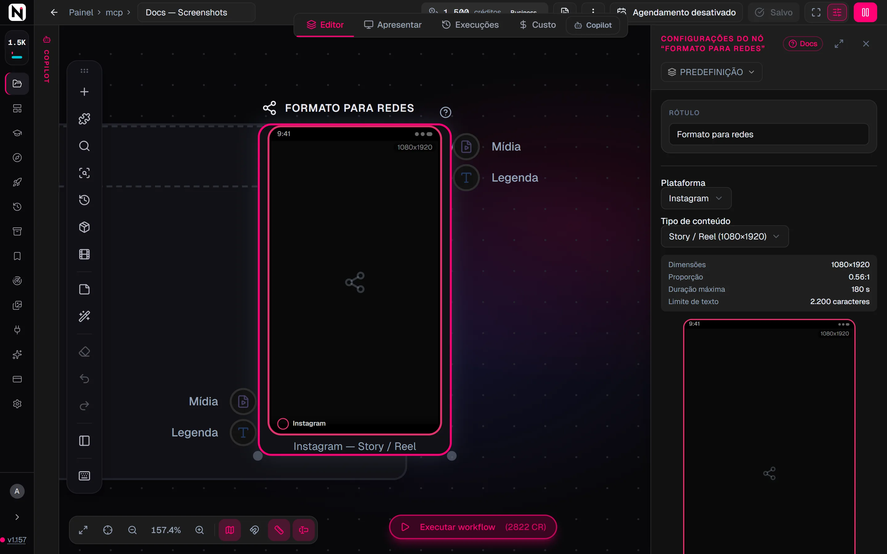 O painel de configurações do Formato para redes com Story / Reel do Instagram selecionado, o tamanho, a duração e o limite de texto, e uma prévia do post em um celular.