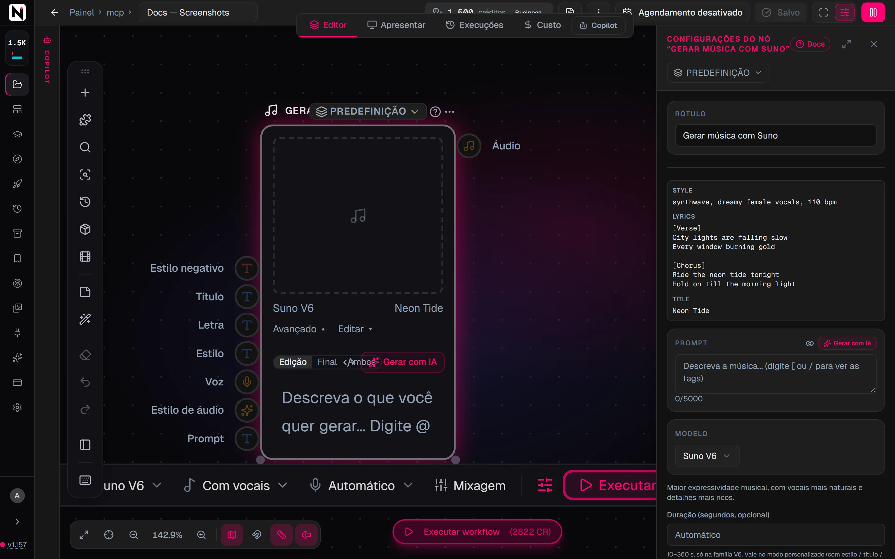 O painel de configurações de Gerar música com Suno com o Suno V6 selecionado e um título, uma letra com tags de seção e tags de estilo preenchidos.