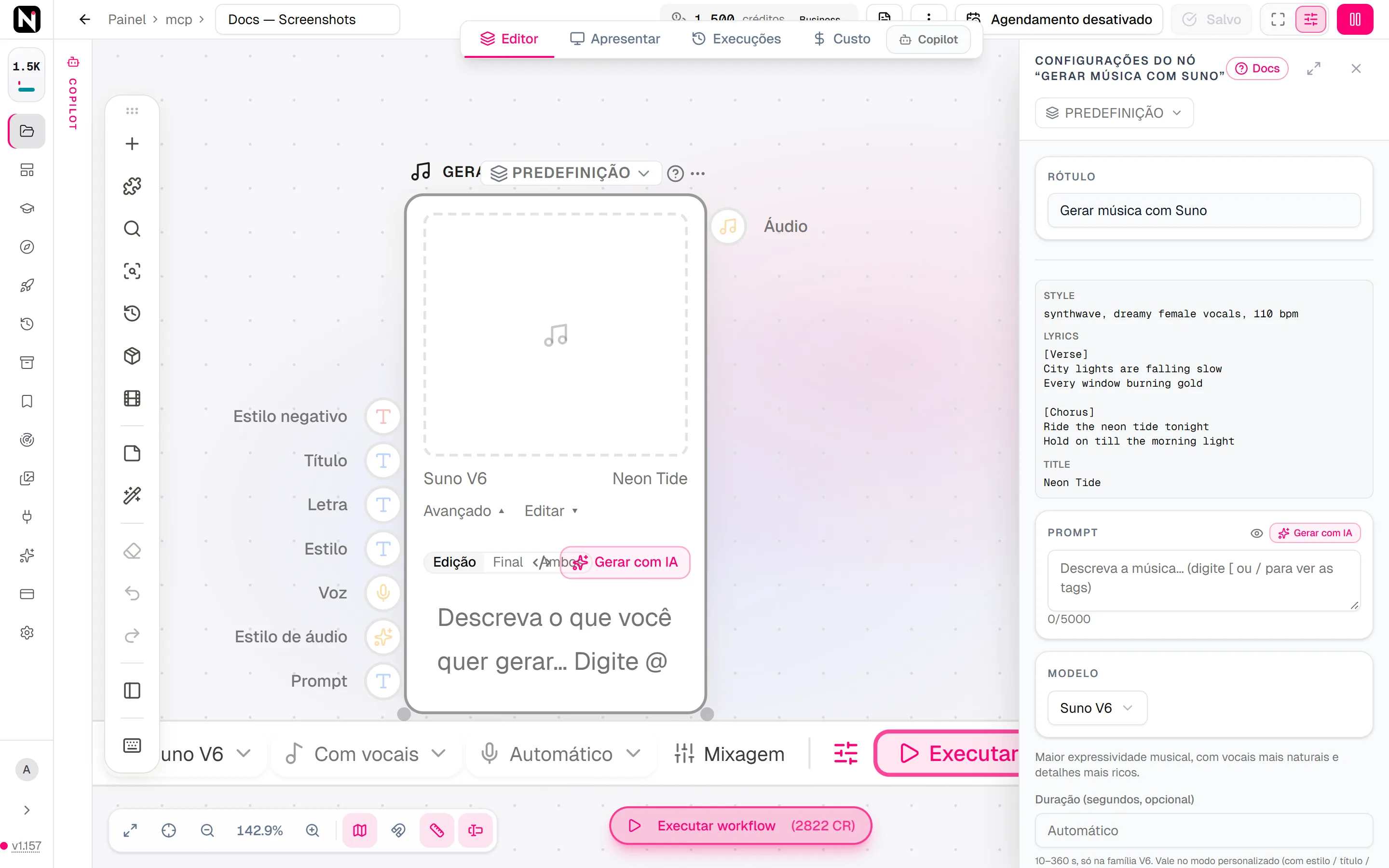 O painel de configurações de Gerar música com Suno com o Suno V6 selecionado e um título, uma letra com tags de seção e tags de estilo preenchidos.