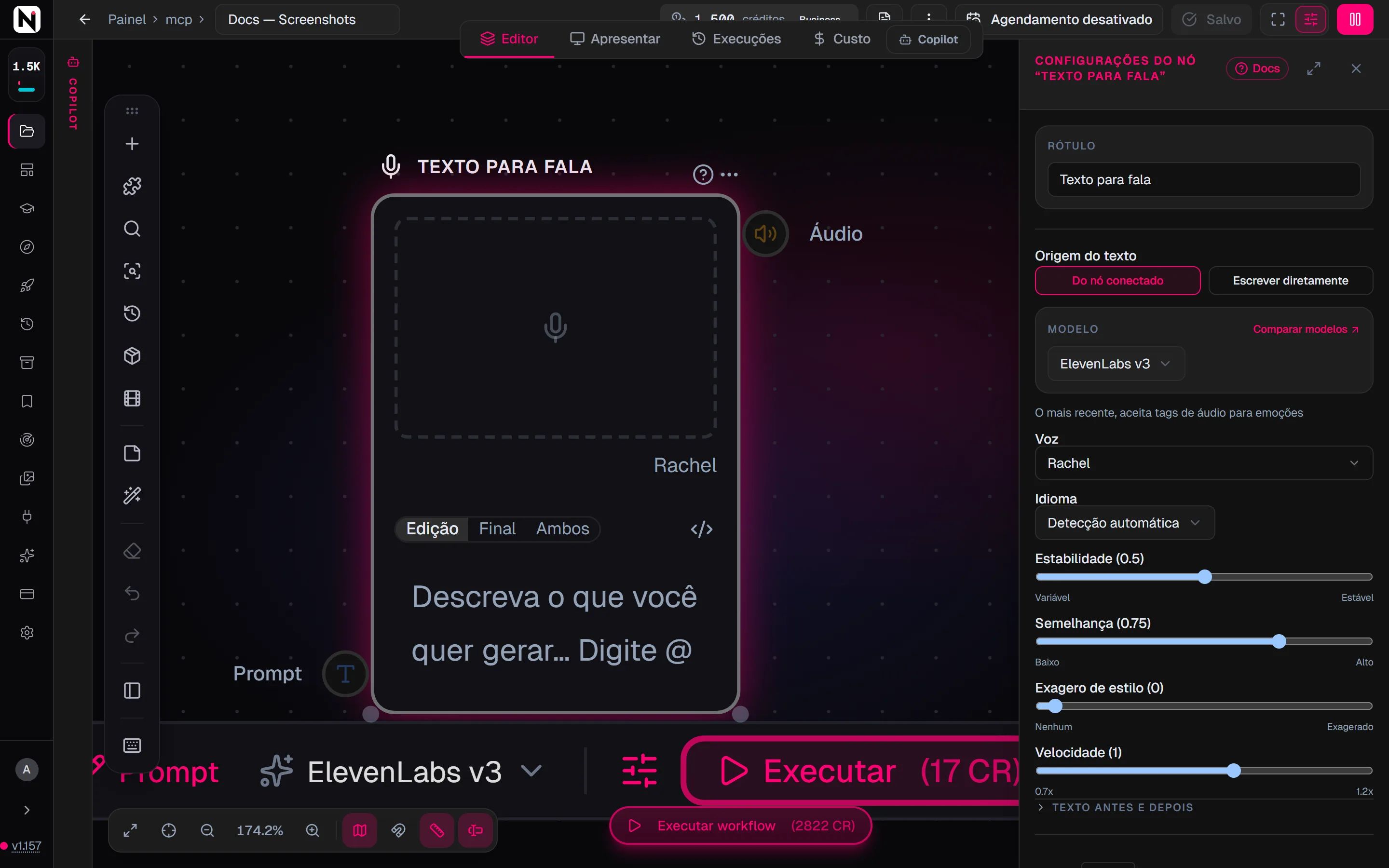 O painel de configurações do Texto para fala com Origem do texto, Modelo, Voz, Idioma e o controle deslizante Estabilidade.