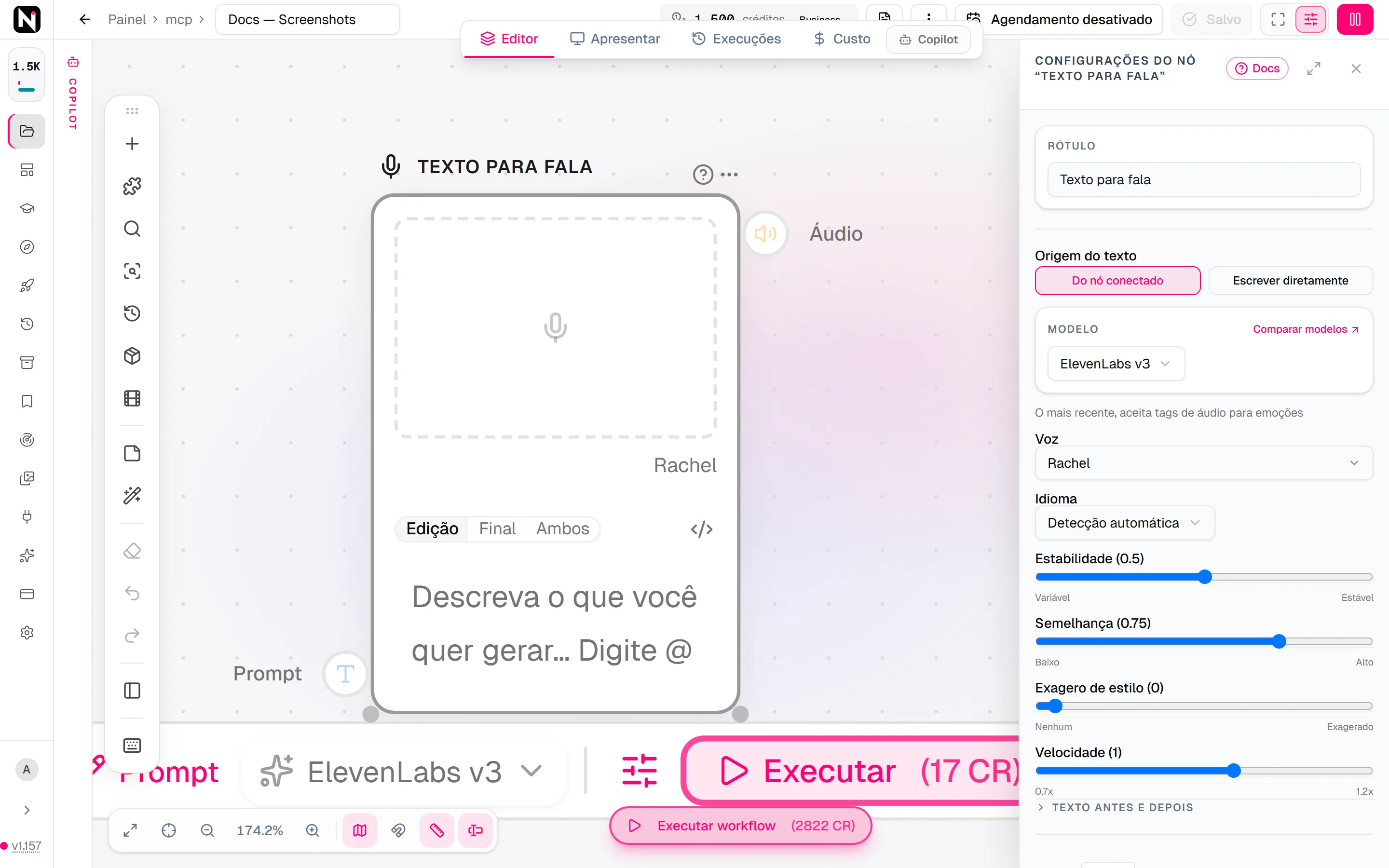 O painel de configurações do Texto para fala com Origem do texto, Modelo, Voz, Idioma e o controle deslizante Estabilidade.