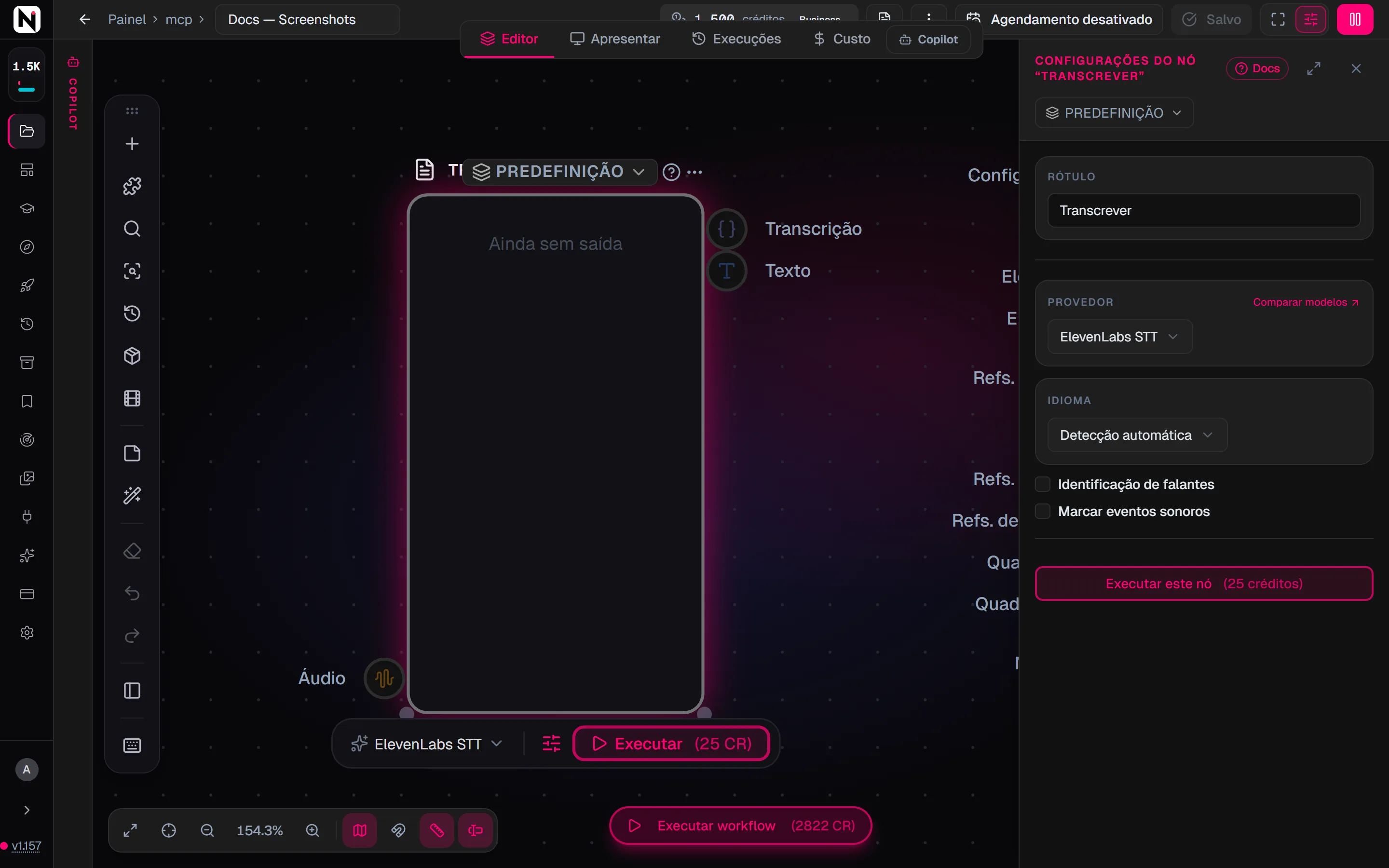 O painel de configurações do Transcrever com o Provedor em ElevenLabs STT, o Idioma em Detecção automática e as caixas de seleção Identificação de falantes e Marcar eventos sonoros.