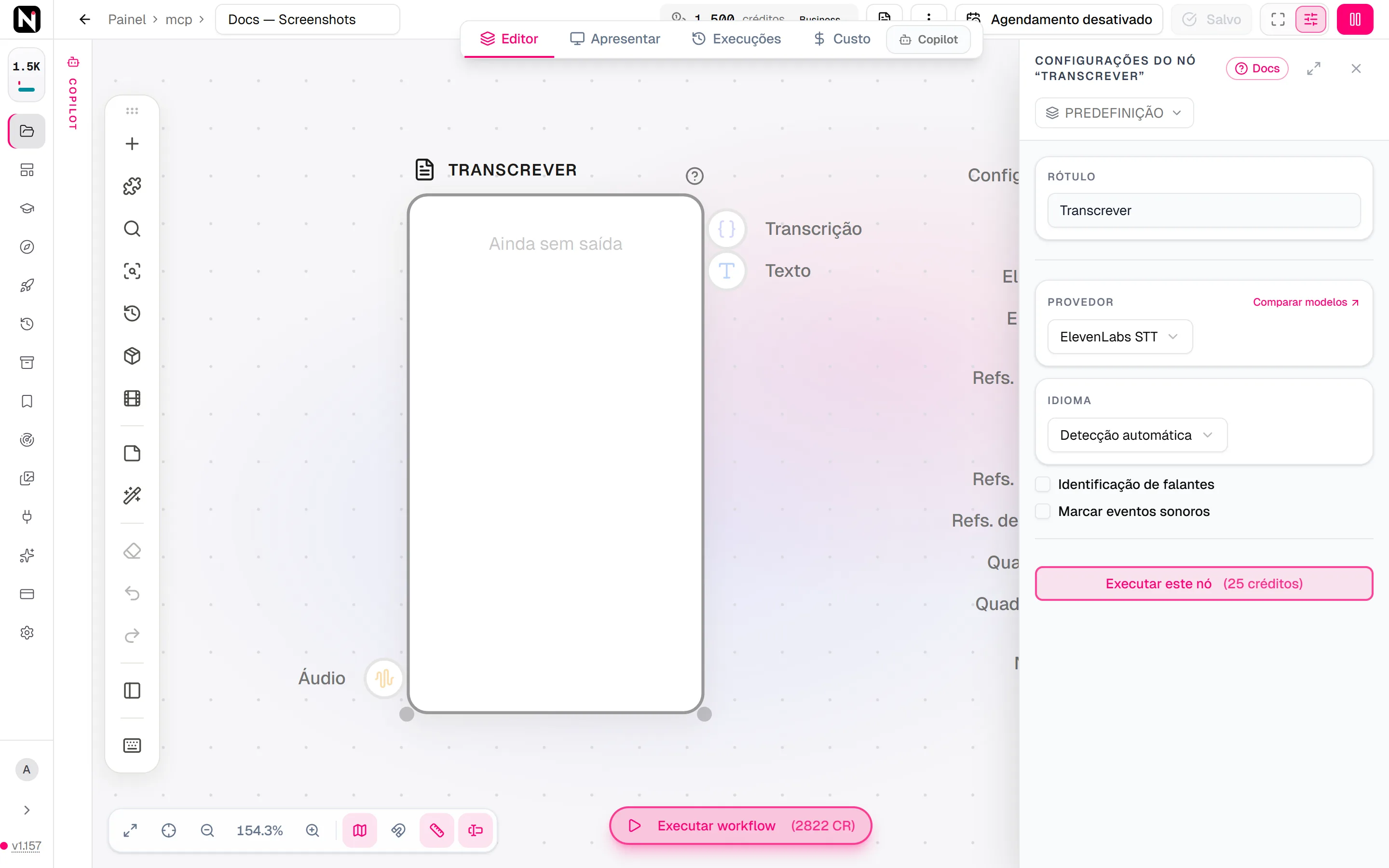 O painel de configurações do Transcrever com o Provedor em ElevenLabs STT, o Idioma em Detecção automática e as caixas de seleção Identificação de falantes e Marcar eventos sonoros.