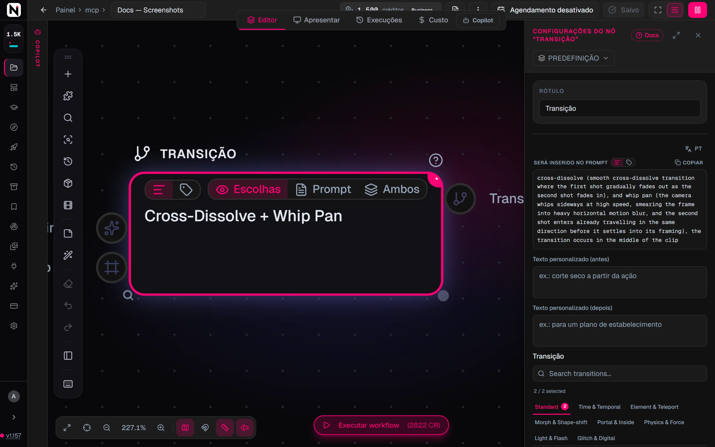 O painel de configurações da Transição com Dissolução cruzada e Chicote de câmera escolhidas, o texto que elas adicionam ao prompt e as categorias de transição.