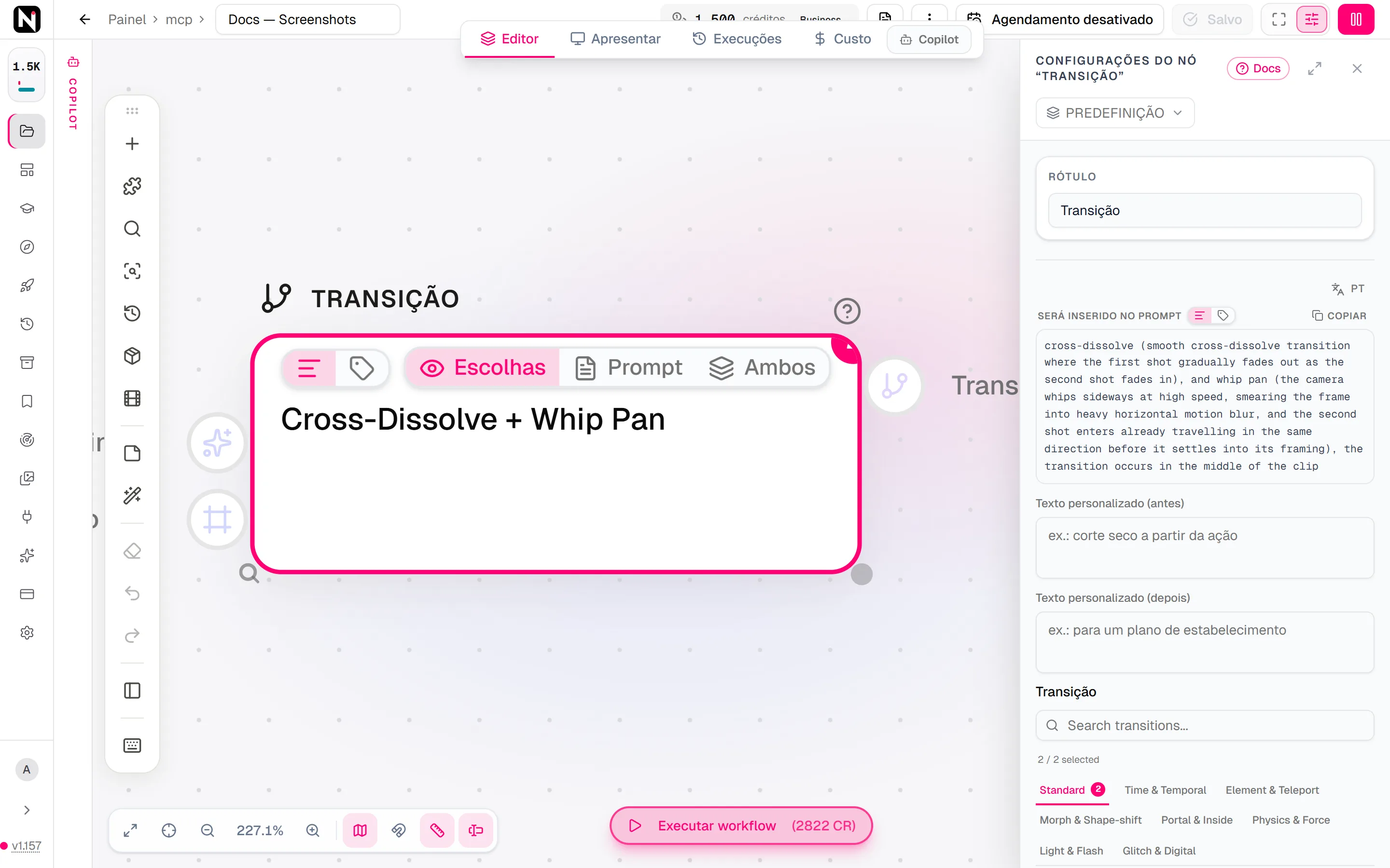 O painel de configurações da Transição com Dissolução cruzada e Chicote de câmera escolhidas, o texto que elas adicionam ao prompt e as categorias de transição.