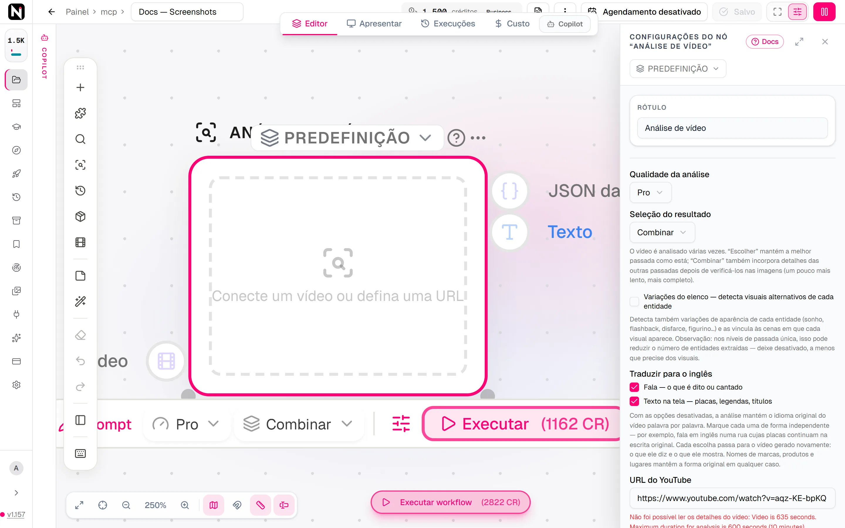 O painel de configurações do Análise de vídeo com a Qualidade da análise em Pro, a Seleção do resultado em Combinar, as duas caixas de tradução marcadas e uma URL do YouTube cujo vídeo passa do limite de 10 minutos.